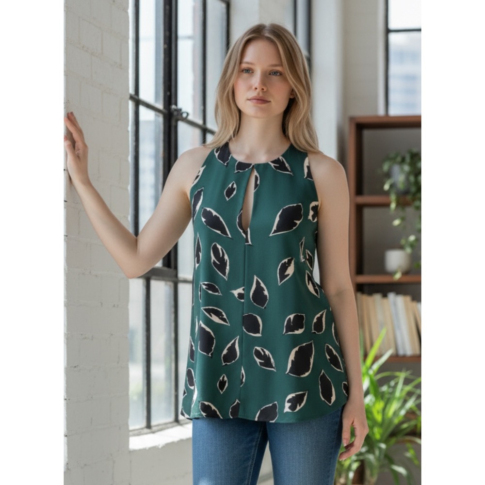 LOFT Women Green‎ Leaf Print Sleeveless Keyhole Neck Swing Top XS